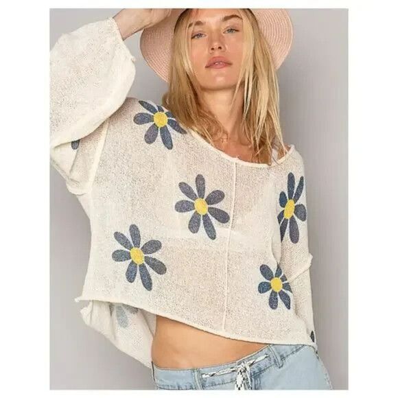 POL Clothing Womens Floral The Daisy Drifter Pullover Sweater cream blue S Boho - Picture 1 of 8